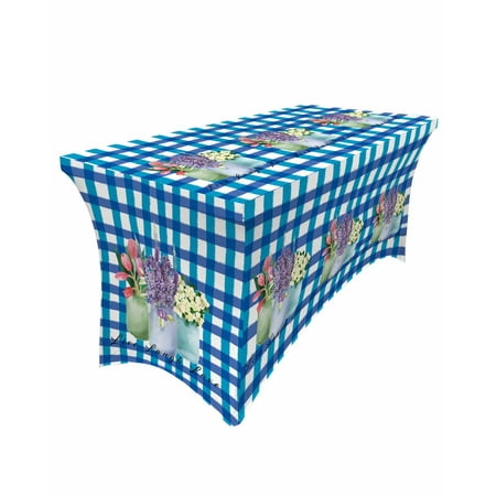

Table Cloths for 5 foot Rectangle Tables Farmhouse Flower Floral Lavender Vase Blue Plaid Stretch Washable Fitted Tablecloth Protector Picnic Table Cover for Event Wedding Party Banquet