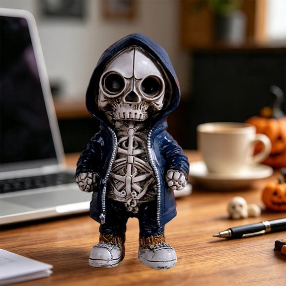 5.7 Inch Cool Hooded Skeleton Figurine, Resin Mini Skeleton Statue, Halloween Desktop Collectible Ornament for Home Room Table Decor-Style A