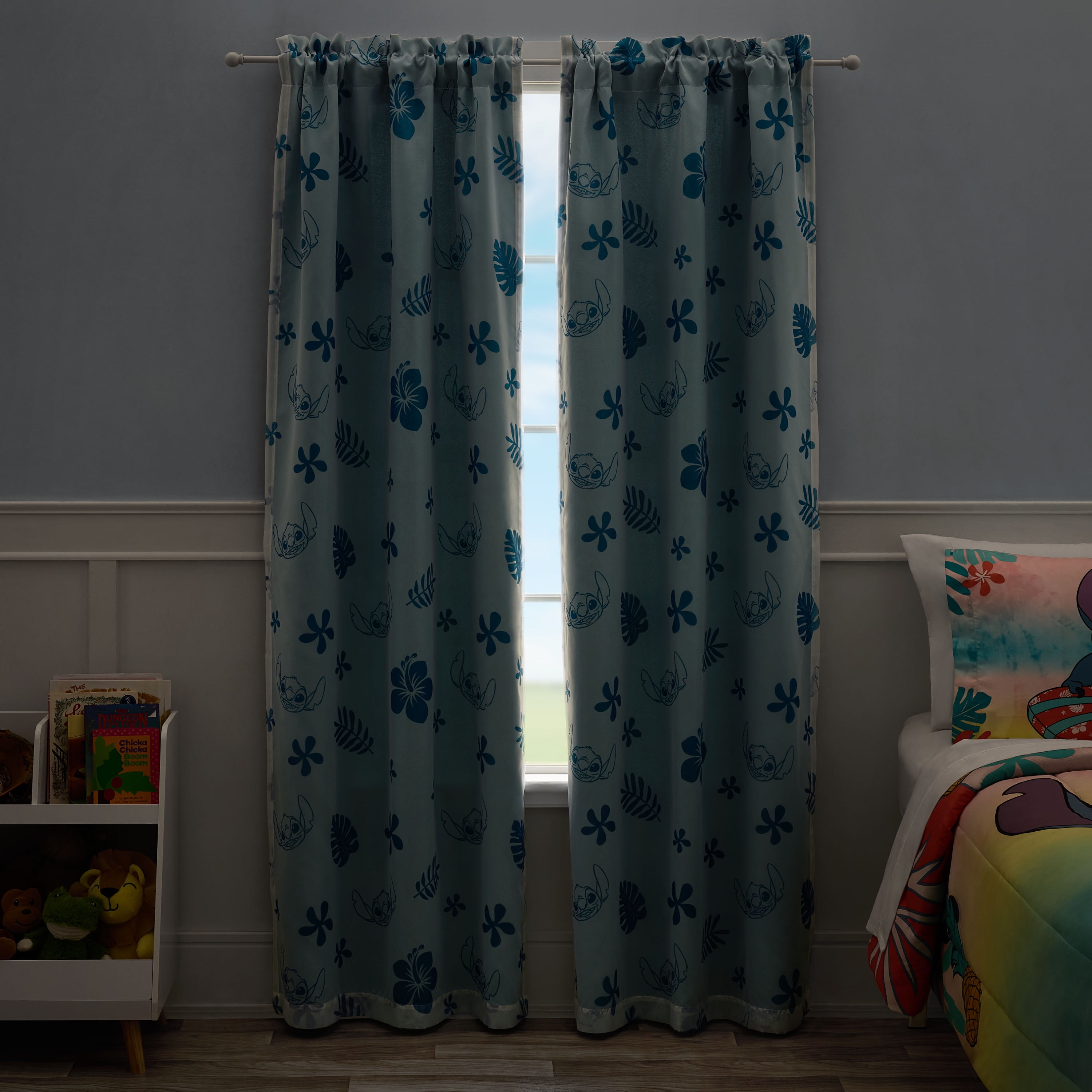 Stitch Tropical Kids Sheer and Blackout Drape, 38" x 84", Blue, Disney, Age 3+