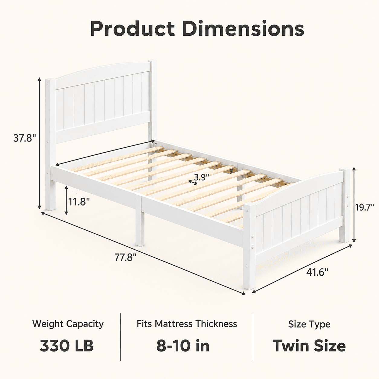 PAPROOS White Wooden Twin Platform Bed Frame with Headboard and Footboard, 330lbs Capacity, Twin Size Bed Frame, No Box Spring Needed