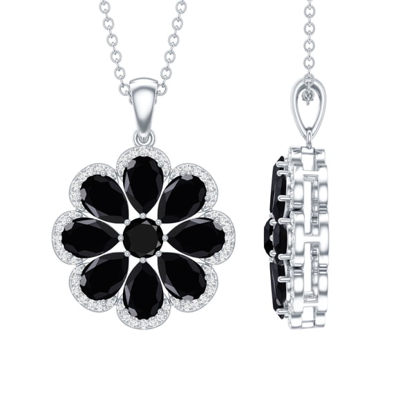 Rosec Jewels Natural Black Spinel Flower Pendant Necklace for Women - with Chain - AAA Quality - Ready to Gift with Jewelry Box, 925 Sterling Silver