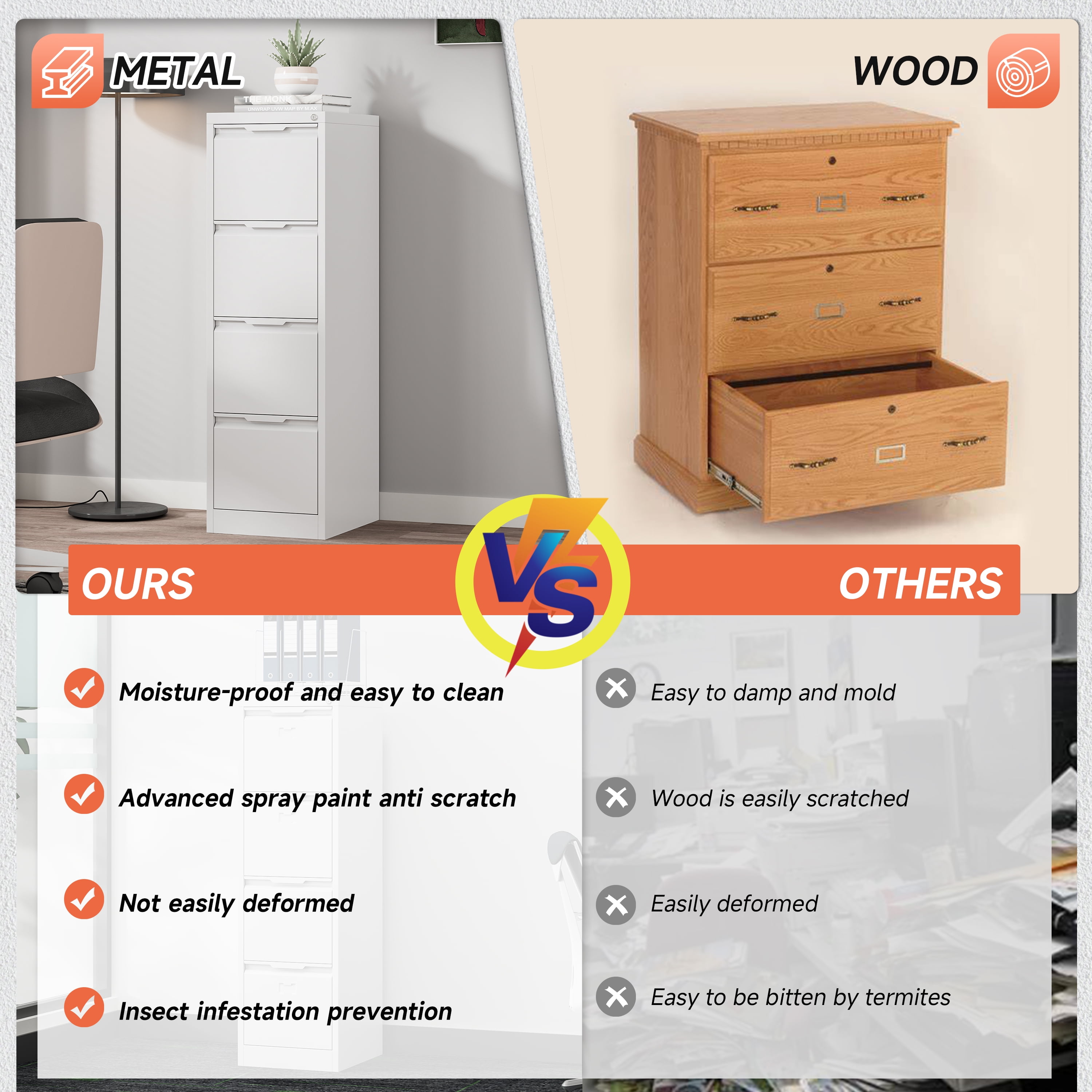 Kooyon 4 Drawer Vertical File Cabinet with Lock, White Metal Filing Cabinet, 17.8" Deep, Fits A4/Letter/Legal, Home Office -Assembly Required