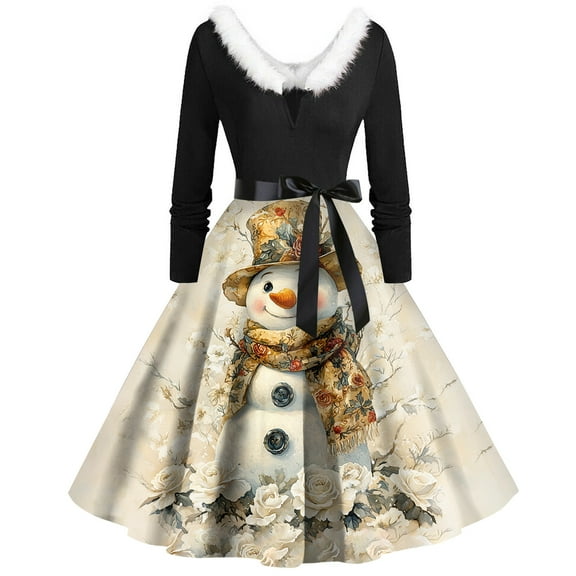 Christmas Dresses for Women Christmas Print Flare Dress For Women Long Sleeve Dress Hollow Party Casual Dresses with V Neck for Holiday Party,Beige,L