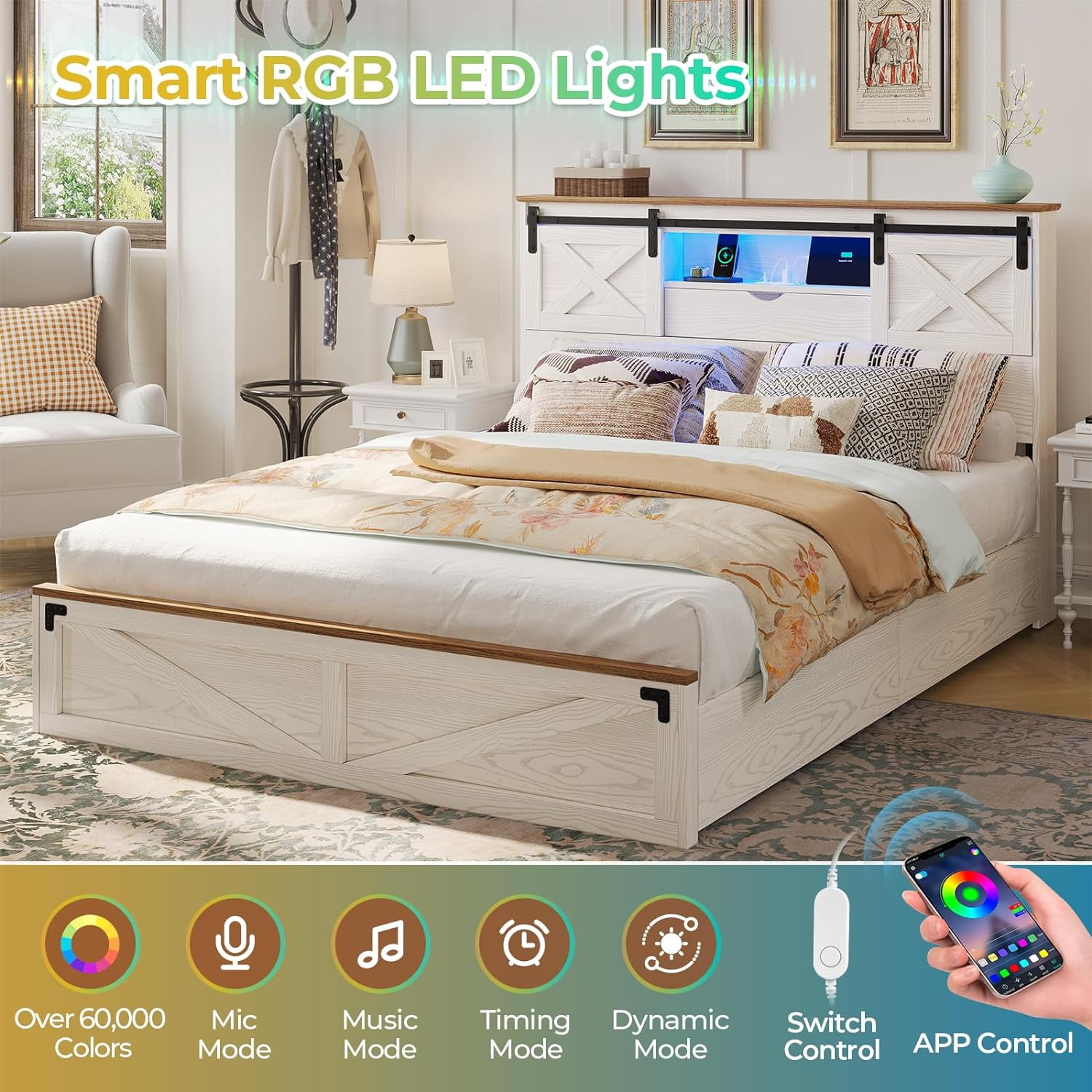 Queen Size Bed Frame with LED Lights and Charging Station, Farmhouse Storage Bed Frame with Headboard and Drawers, No Box Spring Needed, White