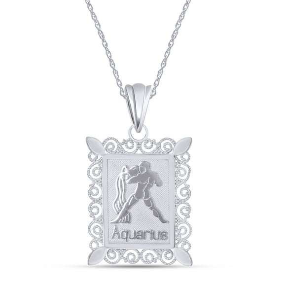 Rectangular Frame Aquarius Zodiac Sign Filigree Pendant Necklace In 14k White Gold Over 925 Sterling Silver