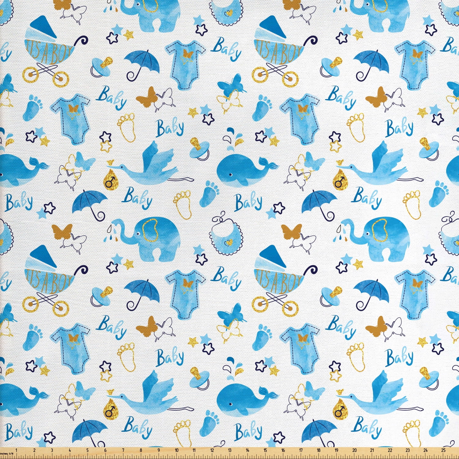 Baby Fabric by The Yard, Its a Boy Stork Carrying a Baby Elephants