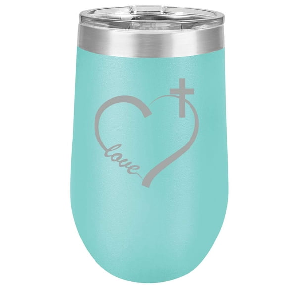 16 oz Double Wall Vacuum Insulated Stainless Steel Stemless Wine Tumbler Glass Coffee Travel Mug With Lid Love Heart Cross Christian (Teal)