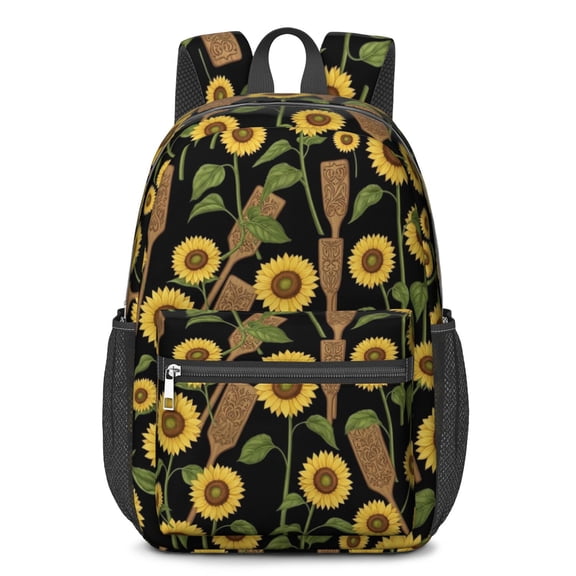 Sunflower and Rolling Pin Black Pattern 17" Waterproof Oxford School Backpacks for Teens, S-Shape Padded Straps, for School, Travel, Hiking, Camping