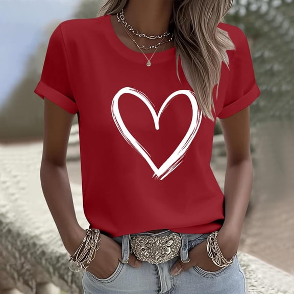 VKOYWKM Heart Shirts Women Valentines Day T-Shirts Heart Graphic Tees Cute Tops Holiday Short Sleeve T Shirts Casual Crew Neck Romantic Tshirts