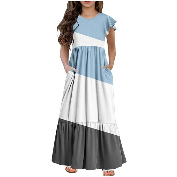 Mikilon 6-12 Years Girls Casual Maxi Wide Striped Dress Short Sleeve Vacation Dresses with Pockets