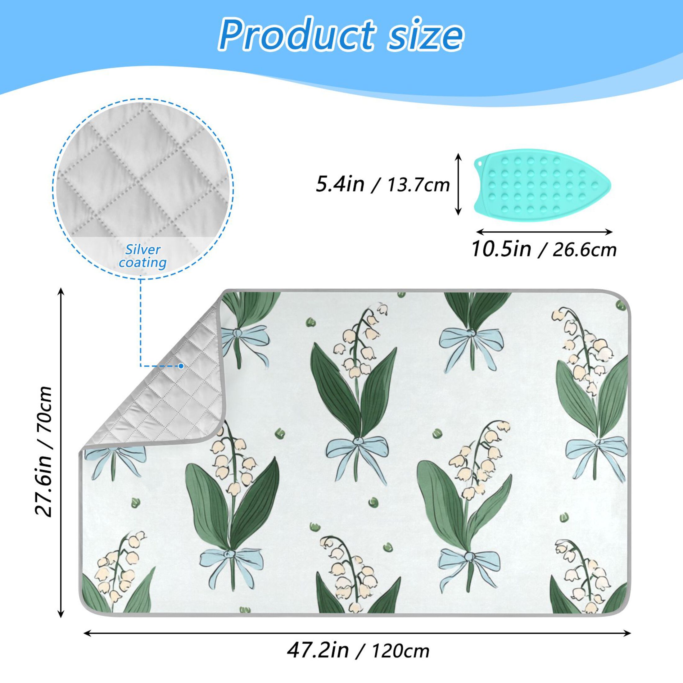 Blue Bows Tie on Flowers Ironing Mat Blanket Portable Travel Ironing Pad Heat Resistant Pad 47.2" x 27.6”