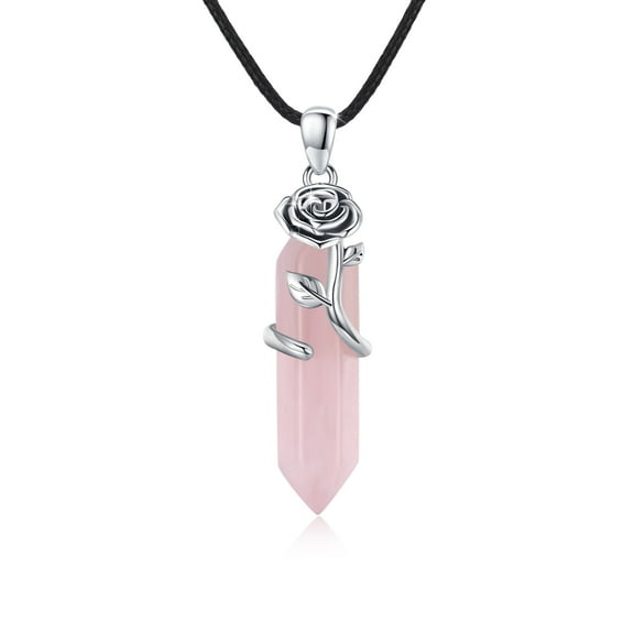 Cuoka Natural Rock Rose Quartz Crystal Necklace 925 Sterling Silver Pink Pendant Necklaces 18K White Gold Plated Healing Mineral Stone Jewelry Birthday Xmas Gift for Women Mom Wife