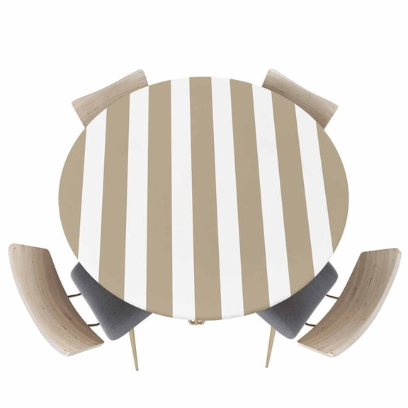 Modern Minimalist Stripe Art Fitted Round Tablecloths Elastic Edged Table Covers 36"-44",Khaki and White Line Waterproof Dining Room Table Cloth for Kitchen Holiday Party Tables Decor
