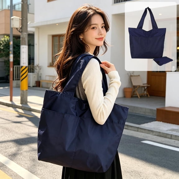 Solid Color Nylon Tote Bag, Large Capacity Handbag for Travel, Work, Shopping, Casual Use, Zipper Closure, Navy, 1x Handbag