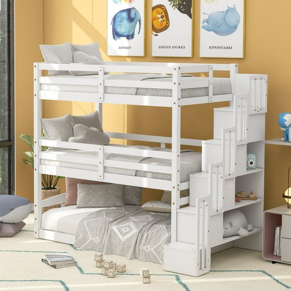 EUROCO Twin over Twin over Twin Bunk Bed with Storage Staircase, Convertible Bunk with Shelves, White