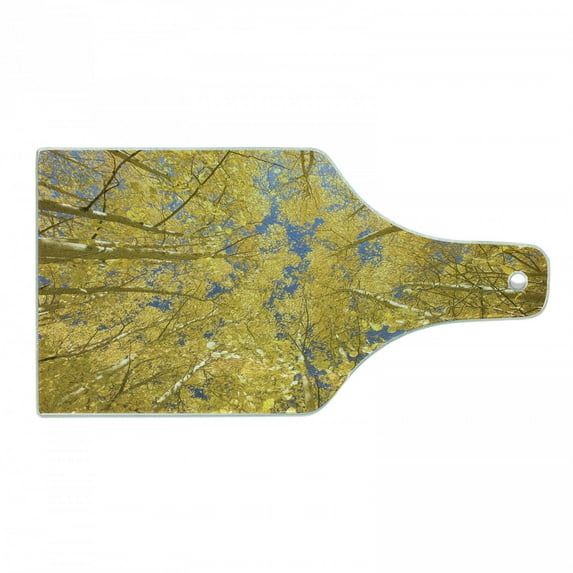 Yellow and Blue Cutting Board, Looking Skyward Amongst the Patch of Sun-lit Aspen Trees in Autumn Life Print, Tempered Glass Cutting and Serving Board, Wine Bottle Shape, Yellow, by Ambesonne