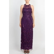 Adrianna Papell Ruffled Halter Neck Sleeveless Embroidered Empire Waist Zipper Back Slit Back Mesh Dress-BLACK PLUM / 10