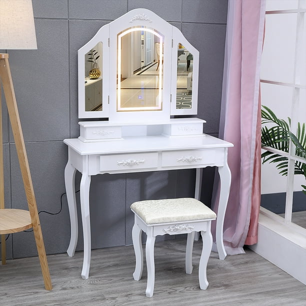 Pezhada Vanity Mirror With Lights And Table Set Beauty Station Table And Cosmetic Organizer Dressing Table Cushioned Stool Set Dresser Desk With 3 Mirrors And 4 Drawers Set For Bedroom White Walmart Com