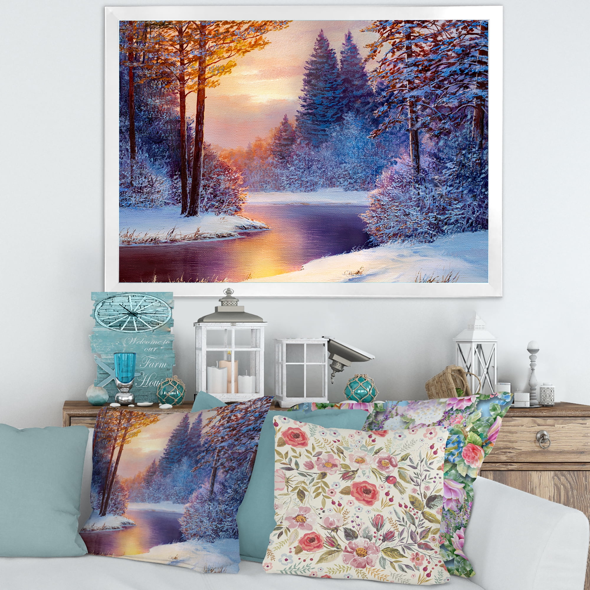 Designart 'Dark Blue Silhouettes of Trees With Winding River' Lake House Framed Art Print