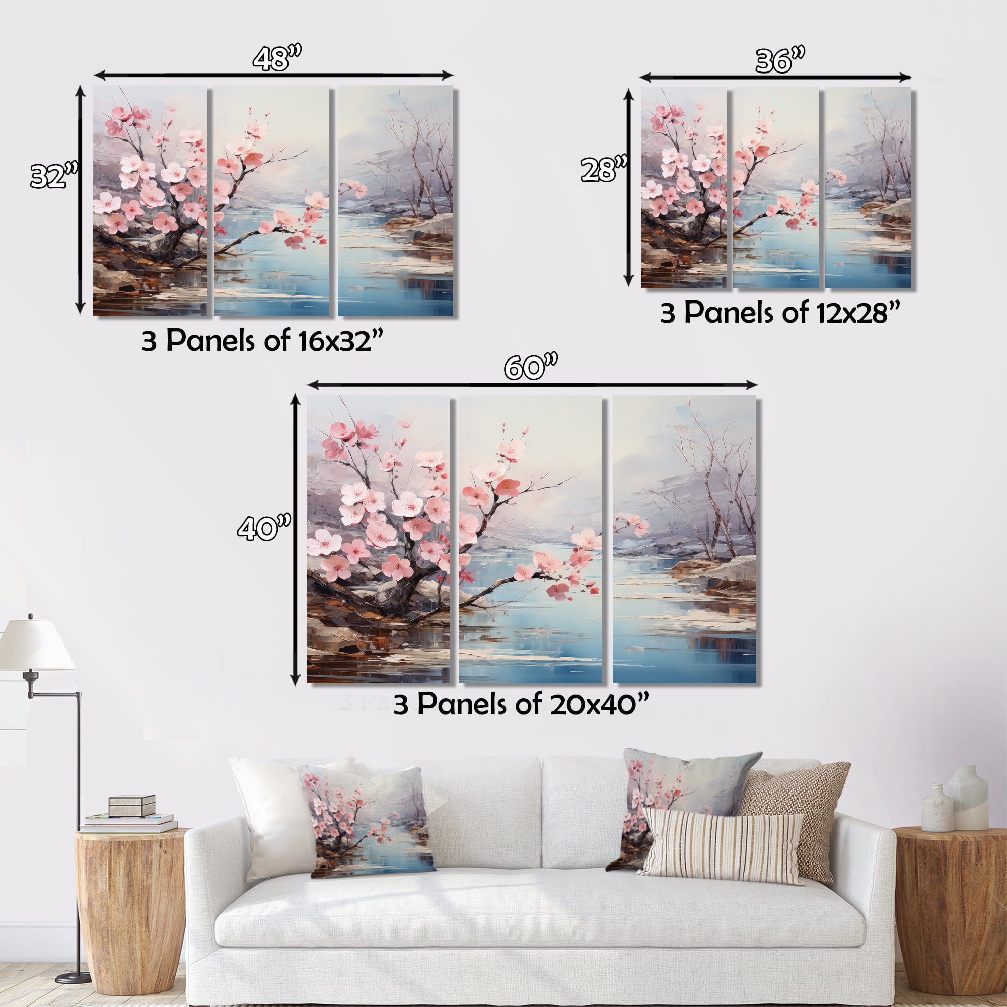 Tableau Décoratif 5 Pièces - Paysage Japonais Fleurs De Cerisier - Toile Moderne