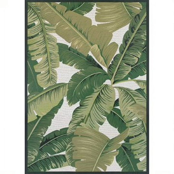 Couristan 5.25' x 7.5' Green and Ivory Leafy Rectangular Outdoor Throw Rug