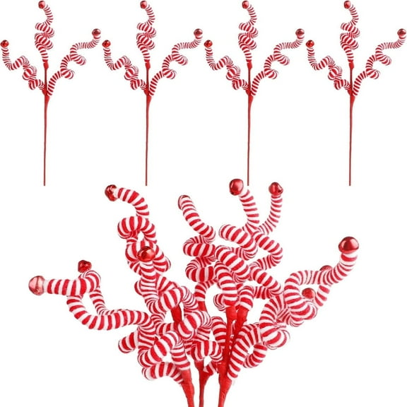 GIXUSIL 6 Pcs Christmas Party Woolen Bells Curly Pick, Christmas Tree Decoration Candy Cane, Xmas Tree Topper Decorations, Christmas Tree Sticks Ornaments, Red & White