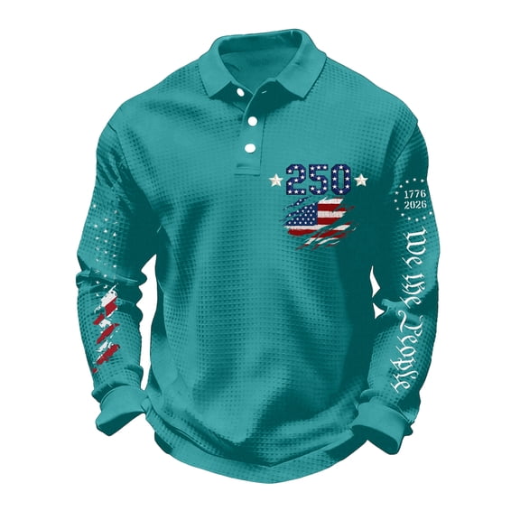 Polo Shirts for Men American 250th Anniversary Print Waffle Polo Shirt Button Up Lapel Tshirts Patriotic Tops Mint Green XXXL