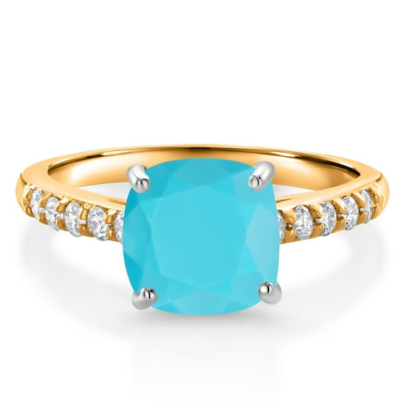 Gem Stone King 10K Yellow Gold Green Turquoise and White Lab Grown Diamond Engagement Ring for Women (2.20 Cttw, Cushion 8MM, Gemstone Birthstone, Size 8)