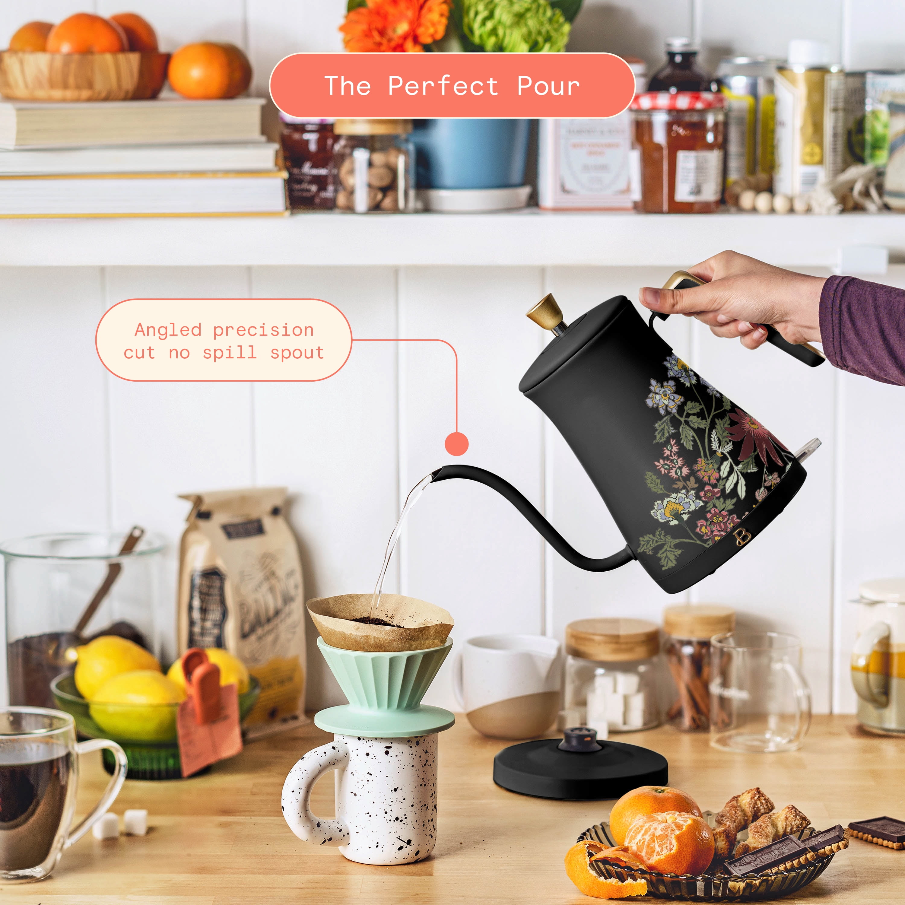 Beautiful 1-Liter Electric Gooseneck Kettle 1200 W, Wildflower Black Sesame by Drew Barrymore
