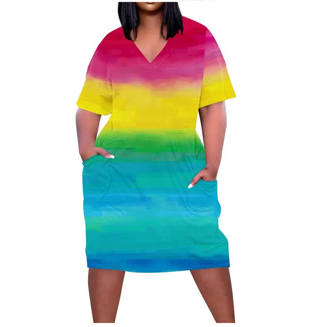 Pisexur Robes d'Été pour Femmes Mode Multicolore à Imprimé Floral Robe Soleil Décontractée Ample à Col en V à Manches Courtes Robes T-Shirt Fluides Surdimensionnées Robe Soleil avec Poches Grande Taille Robe Midi G-5TG