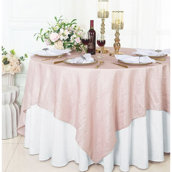 Wedding Linens Inc. 85" Square Crushed Crinkle Taffeta Table Overlay Toppers - Blush Pink