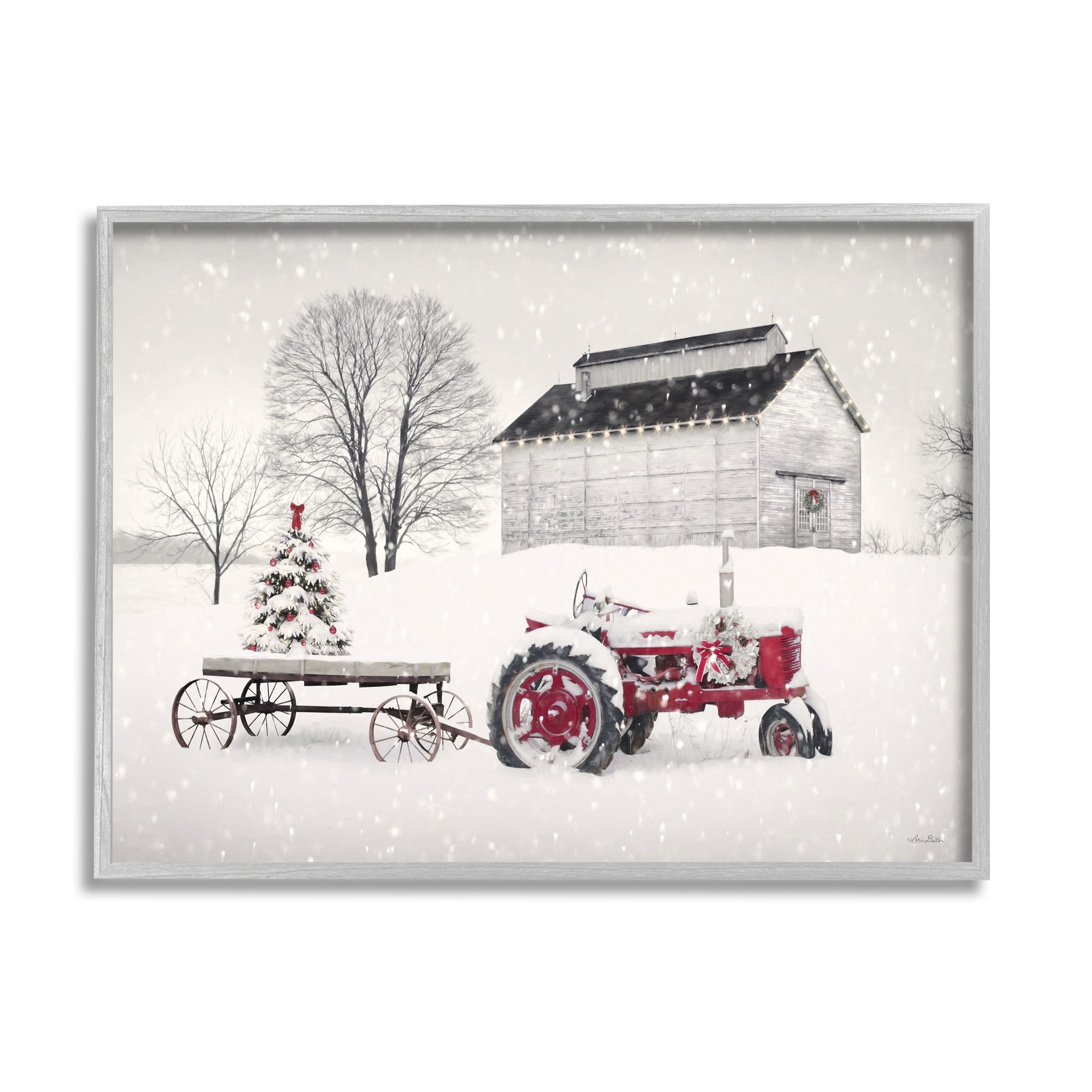 Festive Red Christmas Tractor Niveous Countryside Flurries Landscape Painting Framed Art Print Wall Art