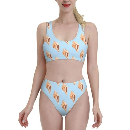 Bikini Sets For Women  Conch Print Light Blue High Waisted Bikini Sets Bathing Suit 2-Piece Drawstring Swimsuit