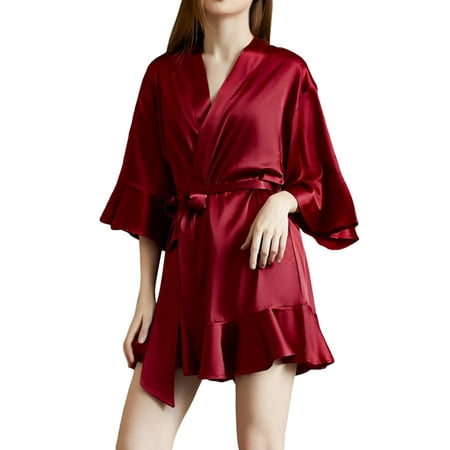 Biezeib Women s Satin Robes 3/4 Sleeve Ruffle Hem Kimono Robe Silk Bridesmaid Robe Lingerie Sleepwear
