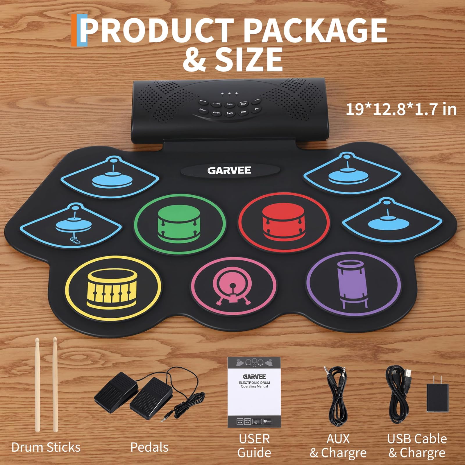 Electronic Drum Set with 9 Pads, Portable Roll-Up Drum Kit with Built-in Speaker, Headphone Jack, Pedals & Sticks, Recording Function, Best Holiday Gift For Music Lover