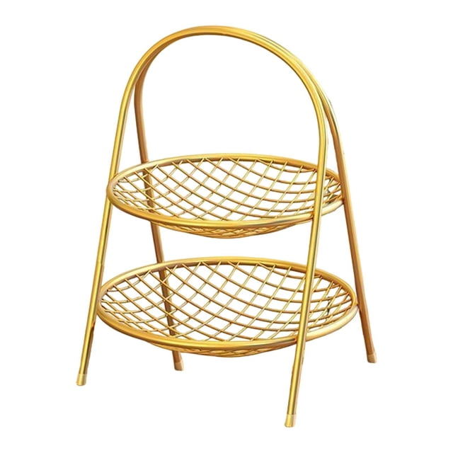 Cesta de frutas de hierro portátil moderna para pan, cebolla y restaurante. Oro 2 niveles