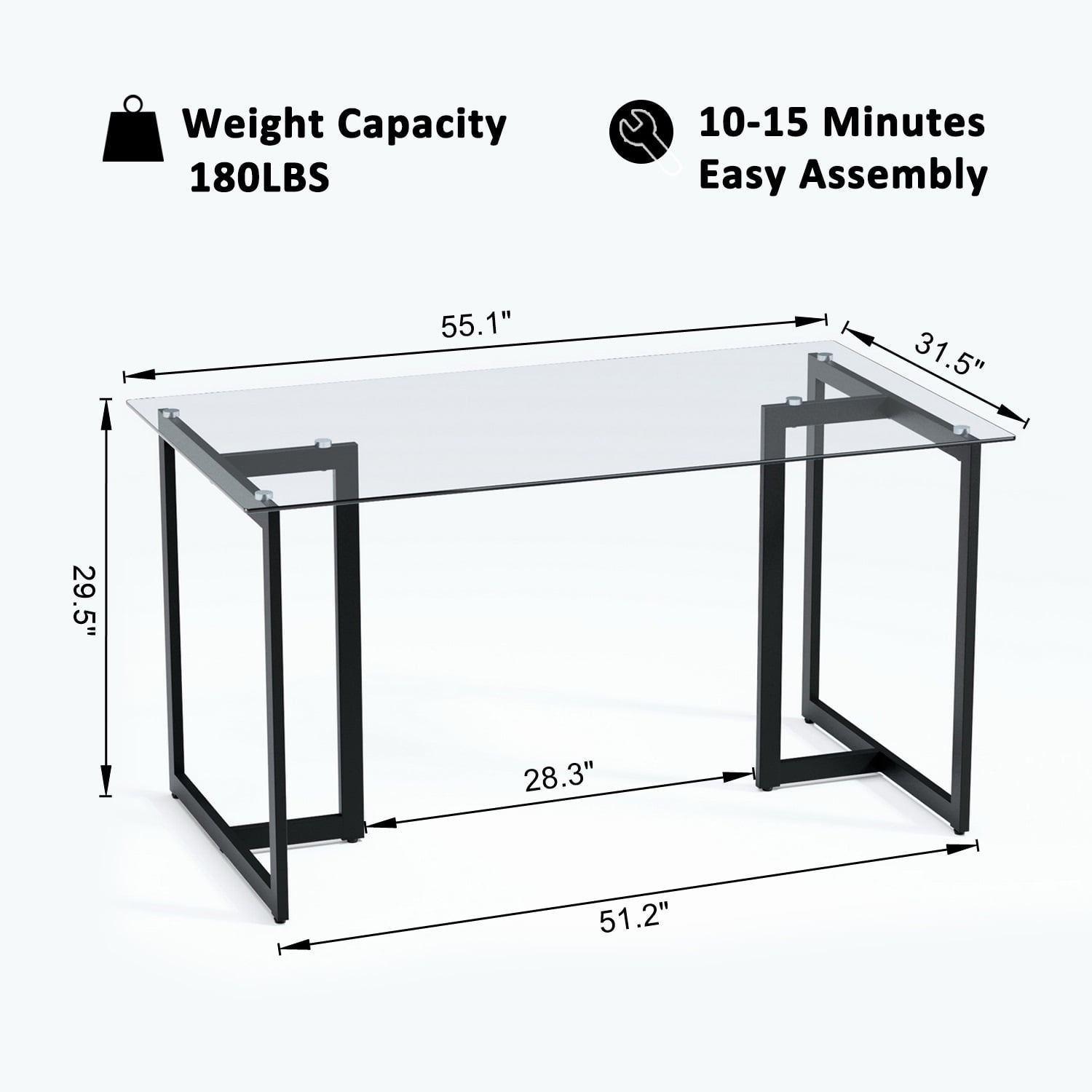 Homy Casa 55.1 inch Writing Desk with Tempered Glass Top Computer Desk for Home Office, Living Room
