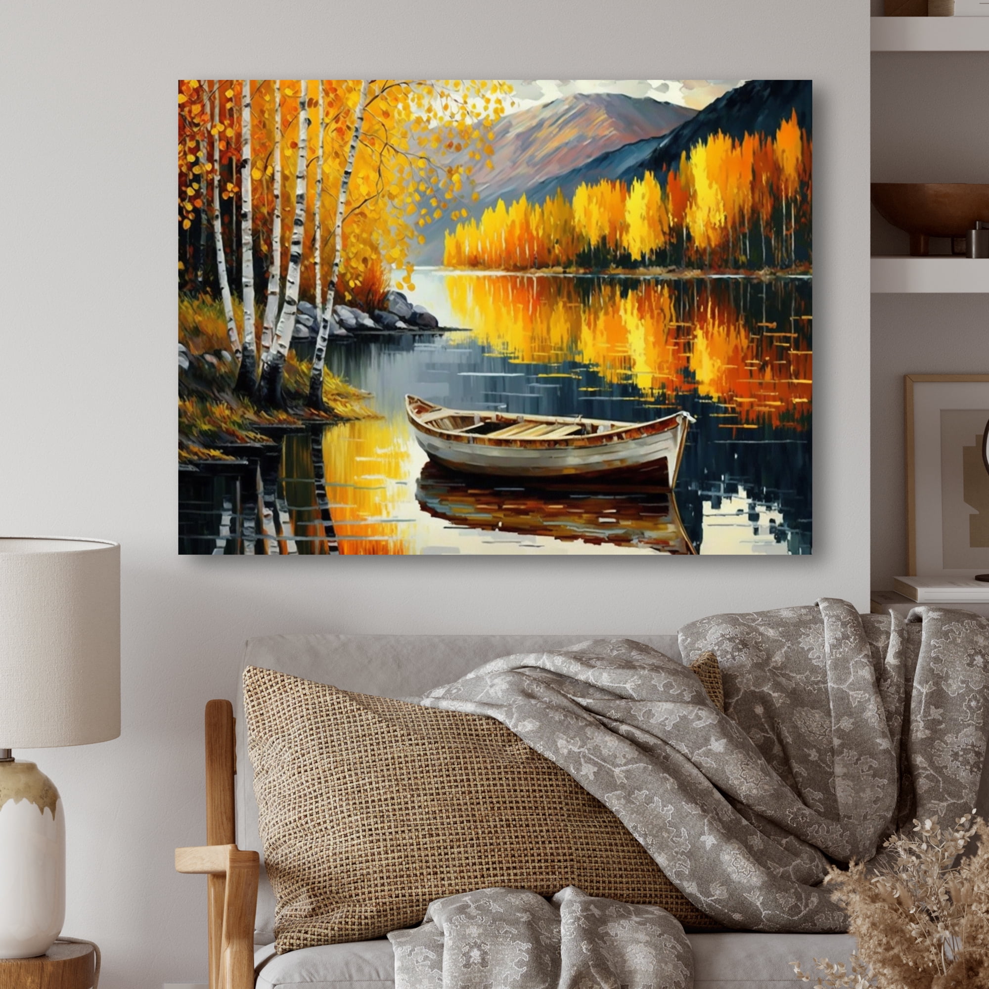 Designart Small Boat On Lake In Fall III Canvas Wall Art