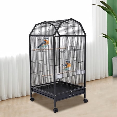 Large Bird Cage, Bird Cage with Stand, 18x18x40 Inch Wrought Iron Cage, 360° Panoramic View for Parakeet Finch Canary, Anti-Rust Coated, Spacious Bird House, Black