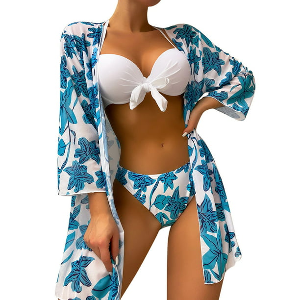 PMUYBHF Female High Waisted Swimsuit Shorts Women 2024 Women's Split  Swimsuit Blue White Contrast Leaf Print Hanging Neck Bow Tie Three Piece  Suit