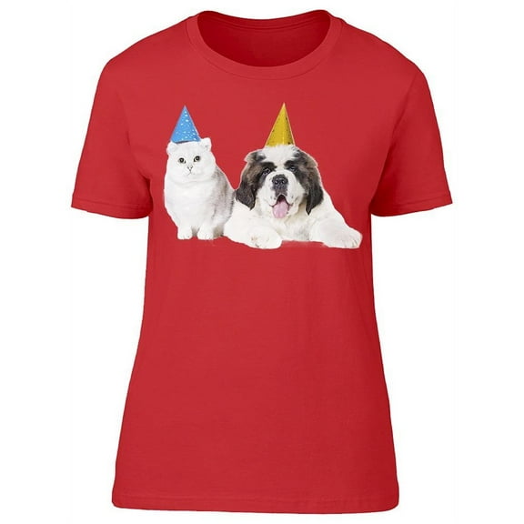 Birthday Cat And St Bernard T-Shirt Women -Image by Shutterstock, Female Medium
