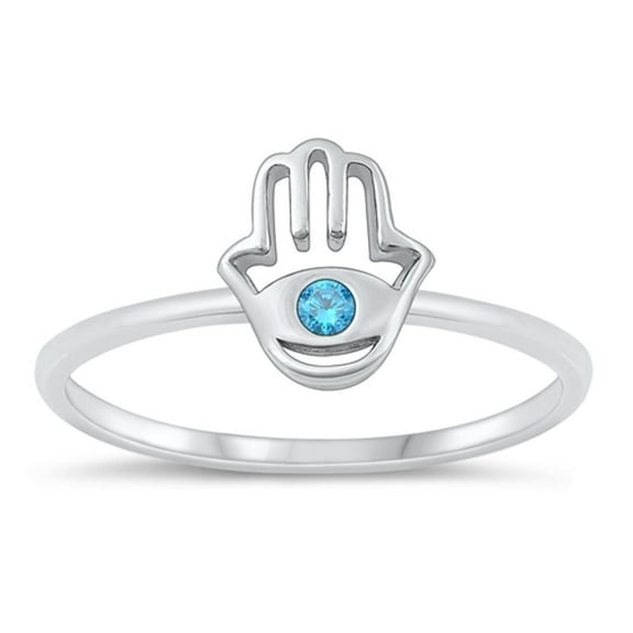 CHOOSE YOUR COLOR Blue Simulated Sapphire Hamsa Hand of God Ring .925 Sterling Silver Band CZ Female Size 10