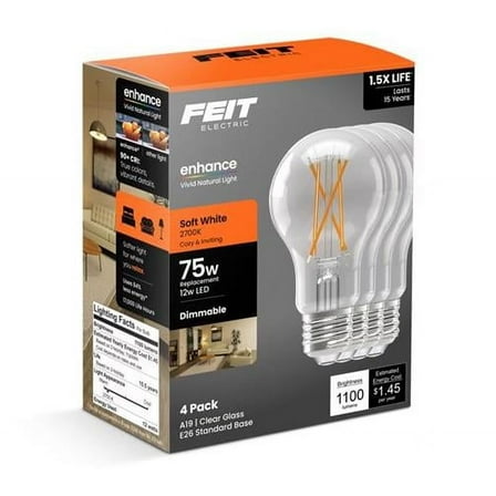 Feit Electric 3018658 75W A19 E26 Medium Equivalence Filament LED Bulb, Soft White - Pack of 4