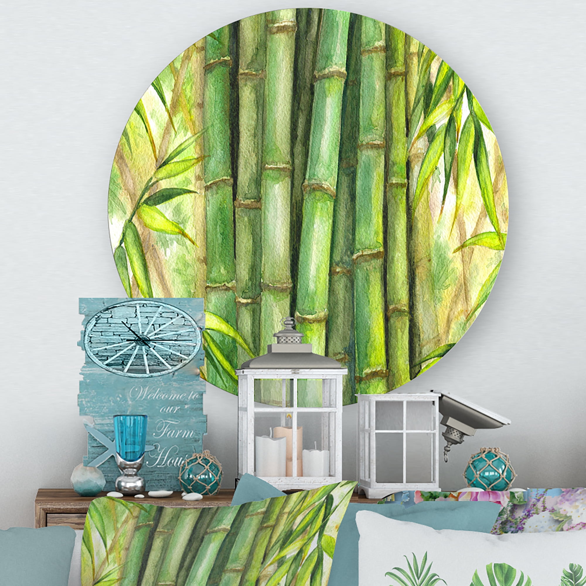 Designart 'Bright and Green Bamboo Stems' Transitional Circle Metal Wall Art 23x23 - Disc of 23