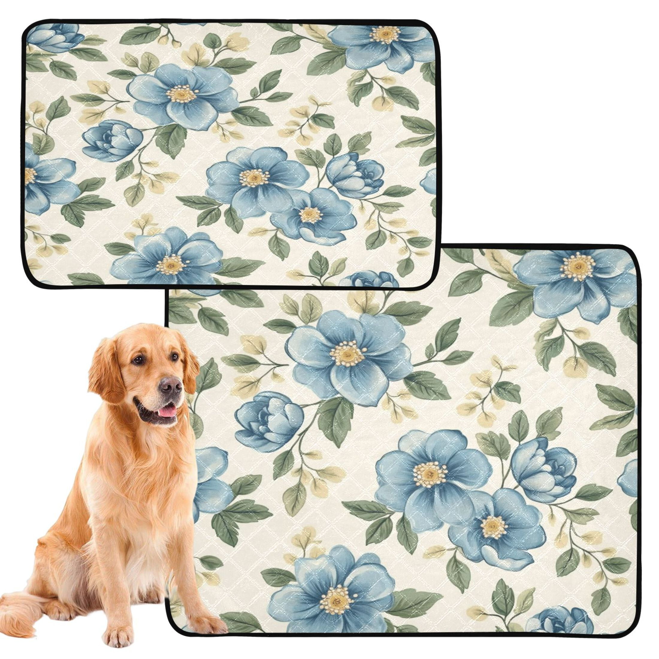 Qxltty Seamless Pattern Of Blue Flowers and Green Leaves Cat litter Pads Pet Set of 3 Diaper Mats Center Anti-leakage Layer Absorbent Soft and Comfortable