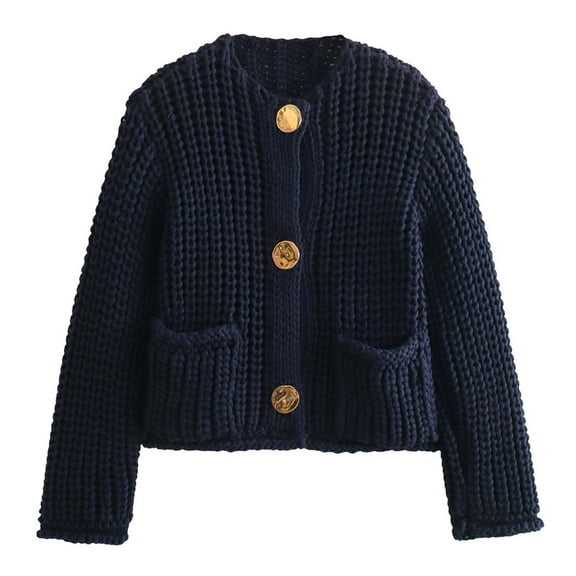 Yzengfg Women's Solid Color Single Double Pocket Knit Sweater Jacket Navy