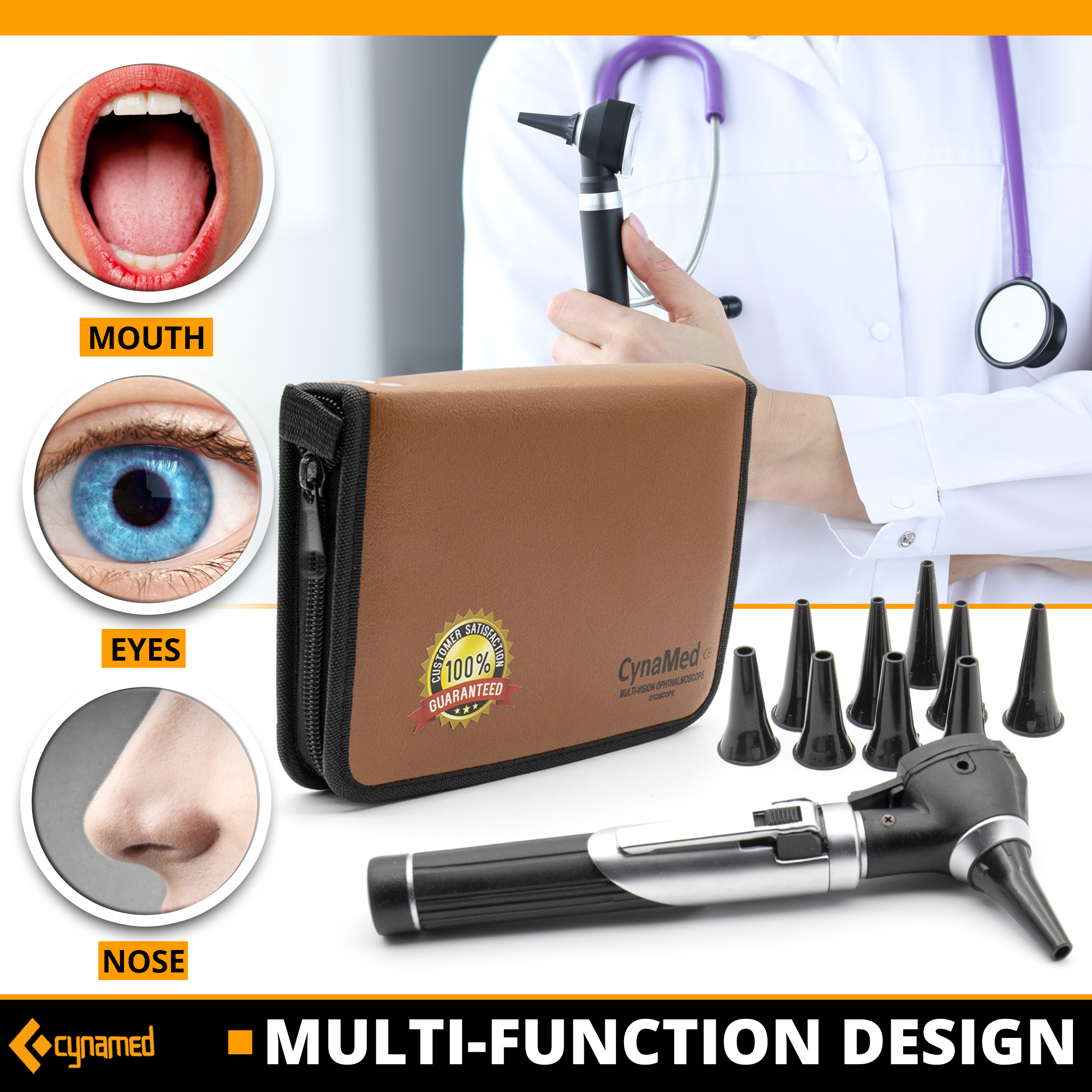 Cynamed Duplex Otoscope Set - Multi-Function Ear Scope for Ear & Eye Examination - Includes Zipper Case and Gift Box (Black)