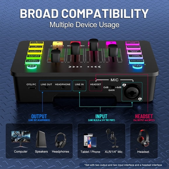Mezclador de Audio con Tarjeta de Sonido Mezclador de Interfaz de Audio Recargable con Interfaz de Micrófono XLR para Podcasting/Grabación