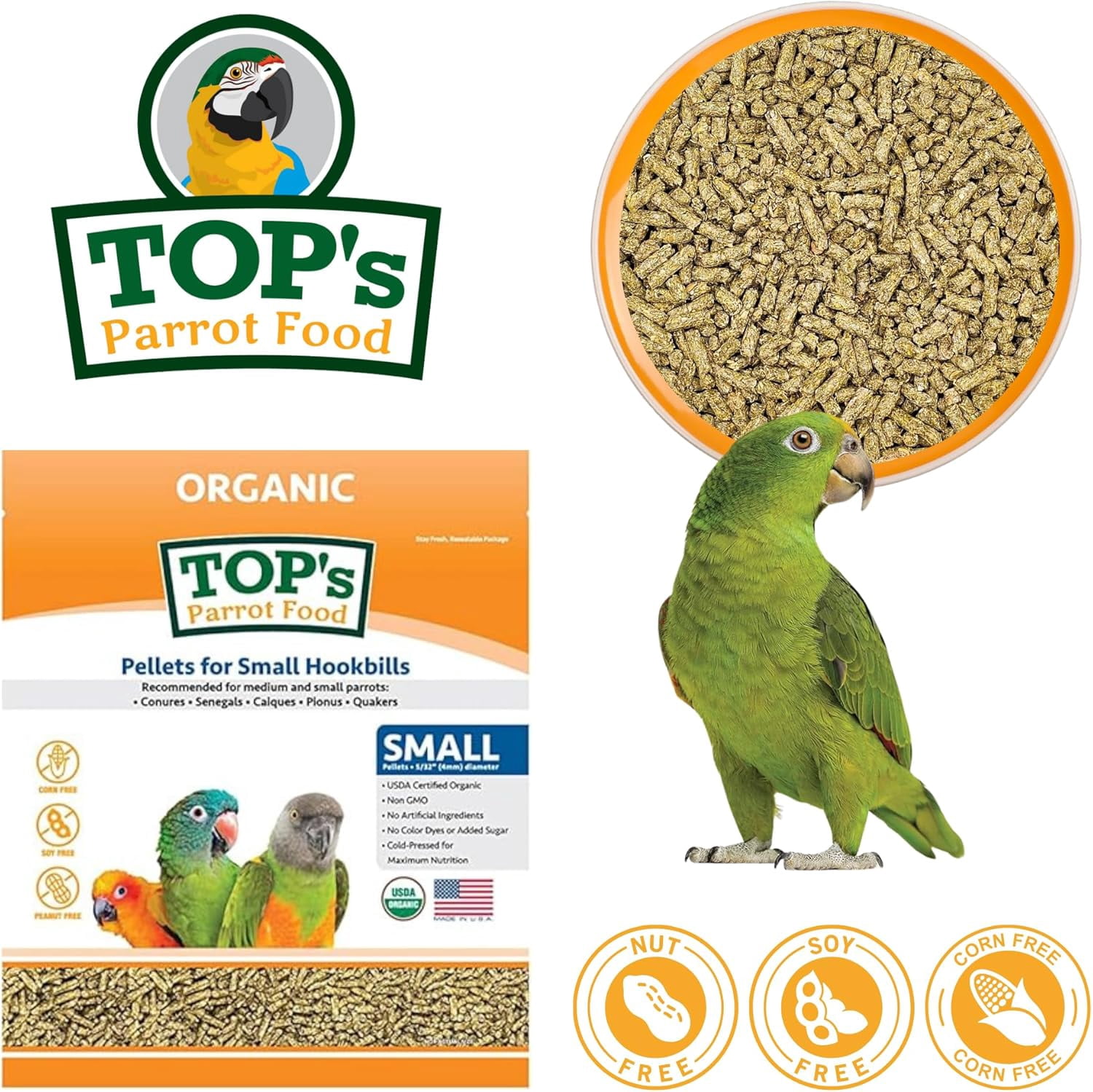 TOP's Parrot Food Small Pellets for Conures, Senegals, Caiques, Pionus, USDA Certified Organic, Human Grade, Non-GMO, Corn, Soy & Peanut Free, 4 lb