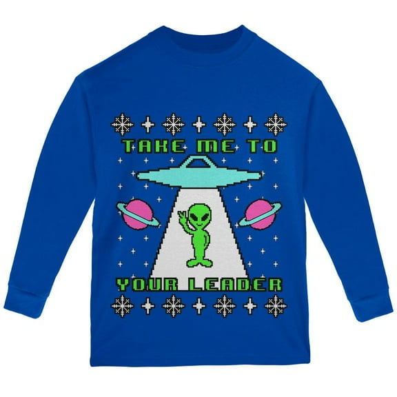Alien Take Me to Your Leader Ugly Christmas Sweater Youth Long Sleeve T Shirt Royal YXL